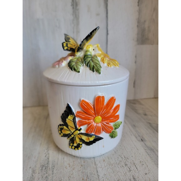 Other - Vintage 3D butterfly kitchen canister jar unique floral home decor lidded